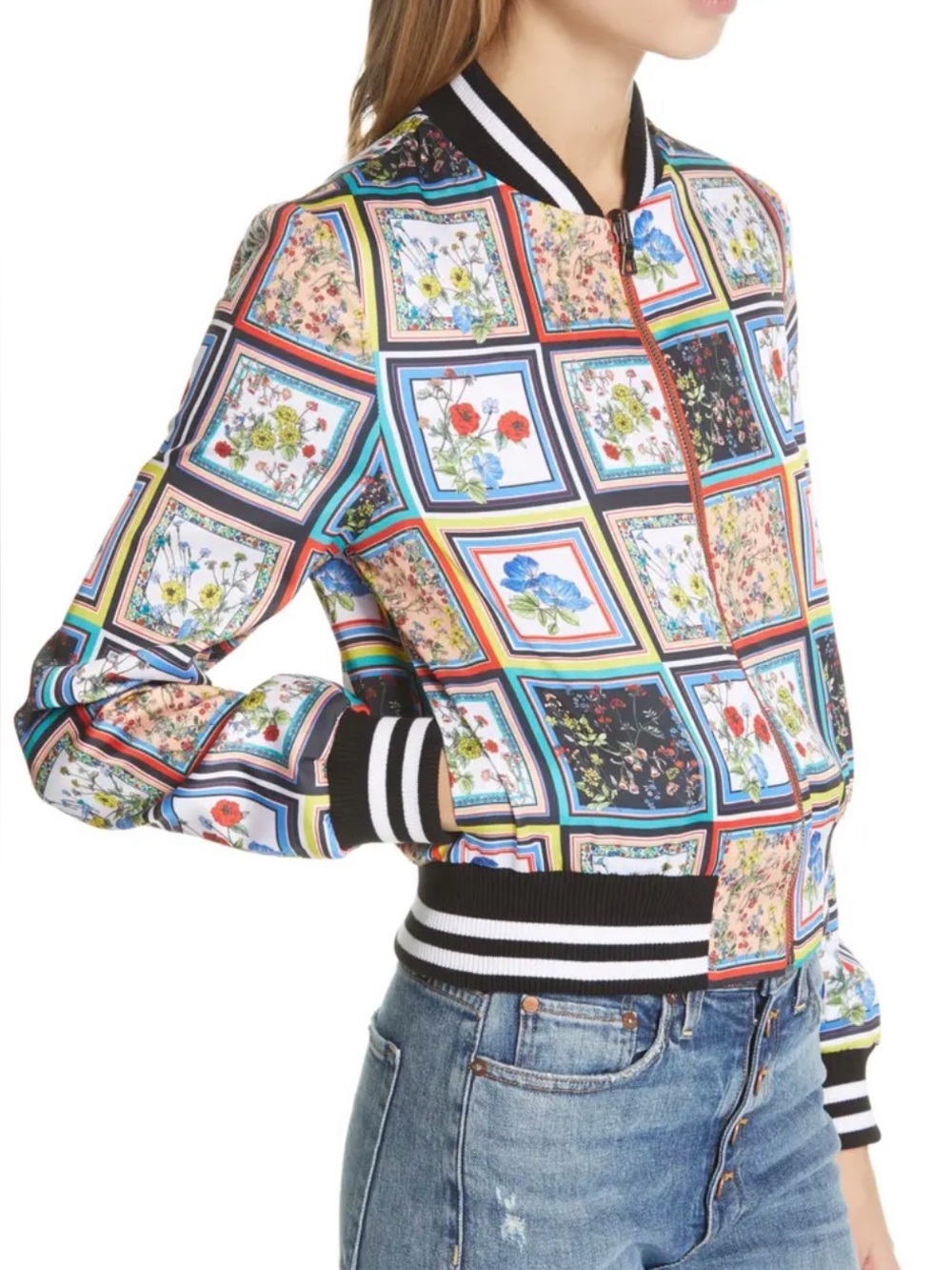 Alice + Olivia Floral Patchwork Bomber Jacket Worn for Mean Girls Broadway Play